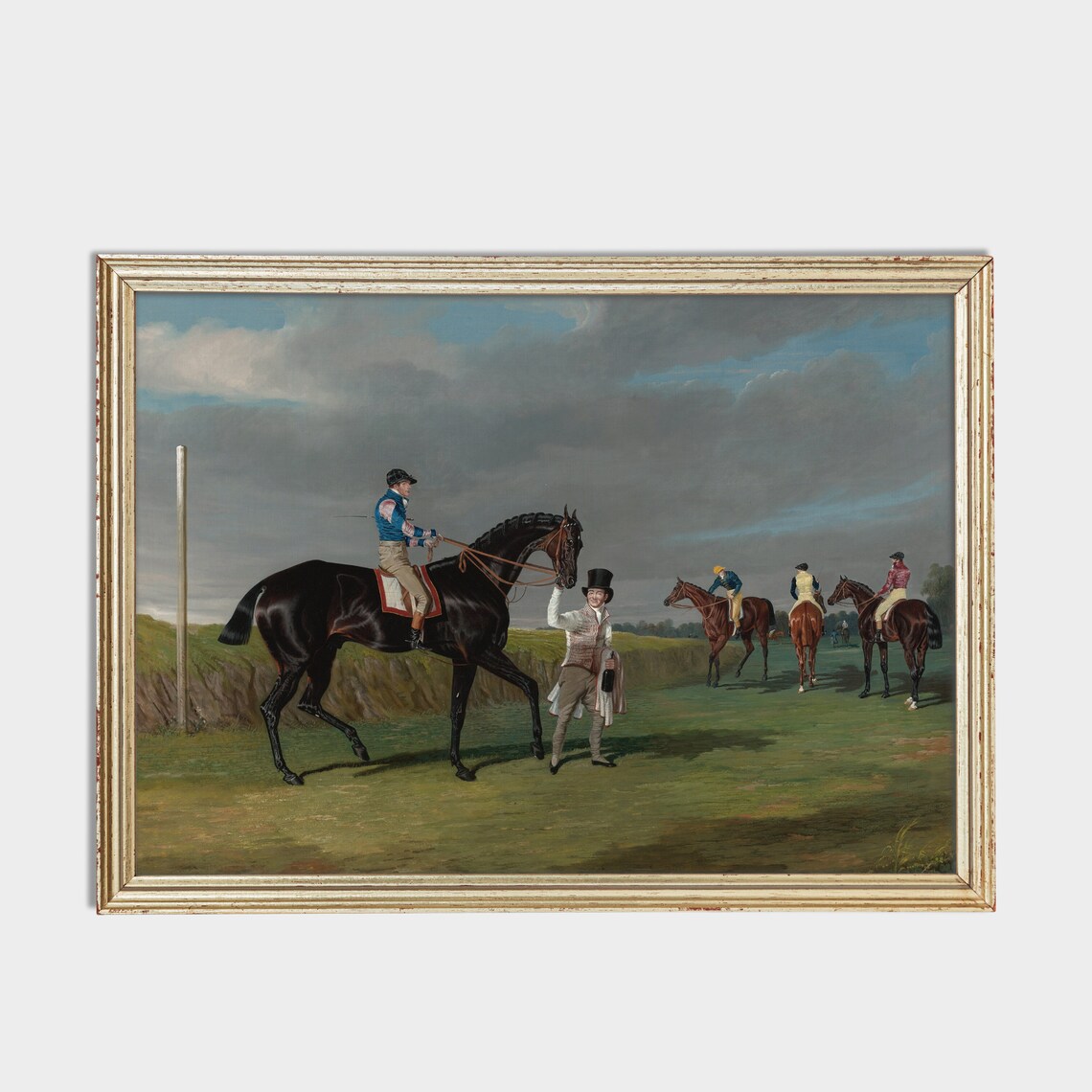 Jockey in Blue Silks on a Dark Racehorse Vintage Sporting Poster - Image 2
