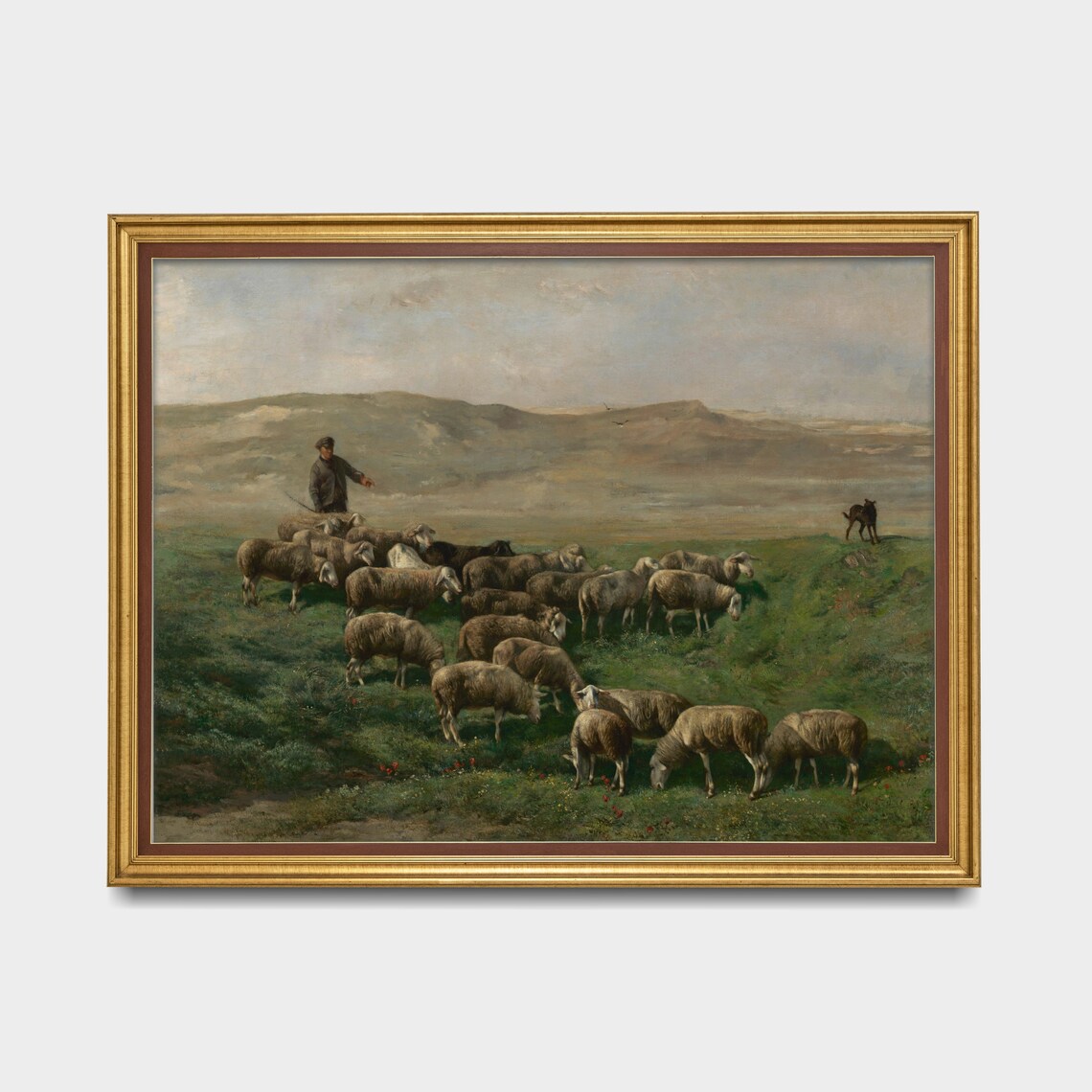 Shepherd Guiding Sheep On Hills Vintage Pastoral Painting Poster - Image 3