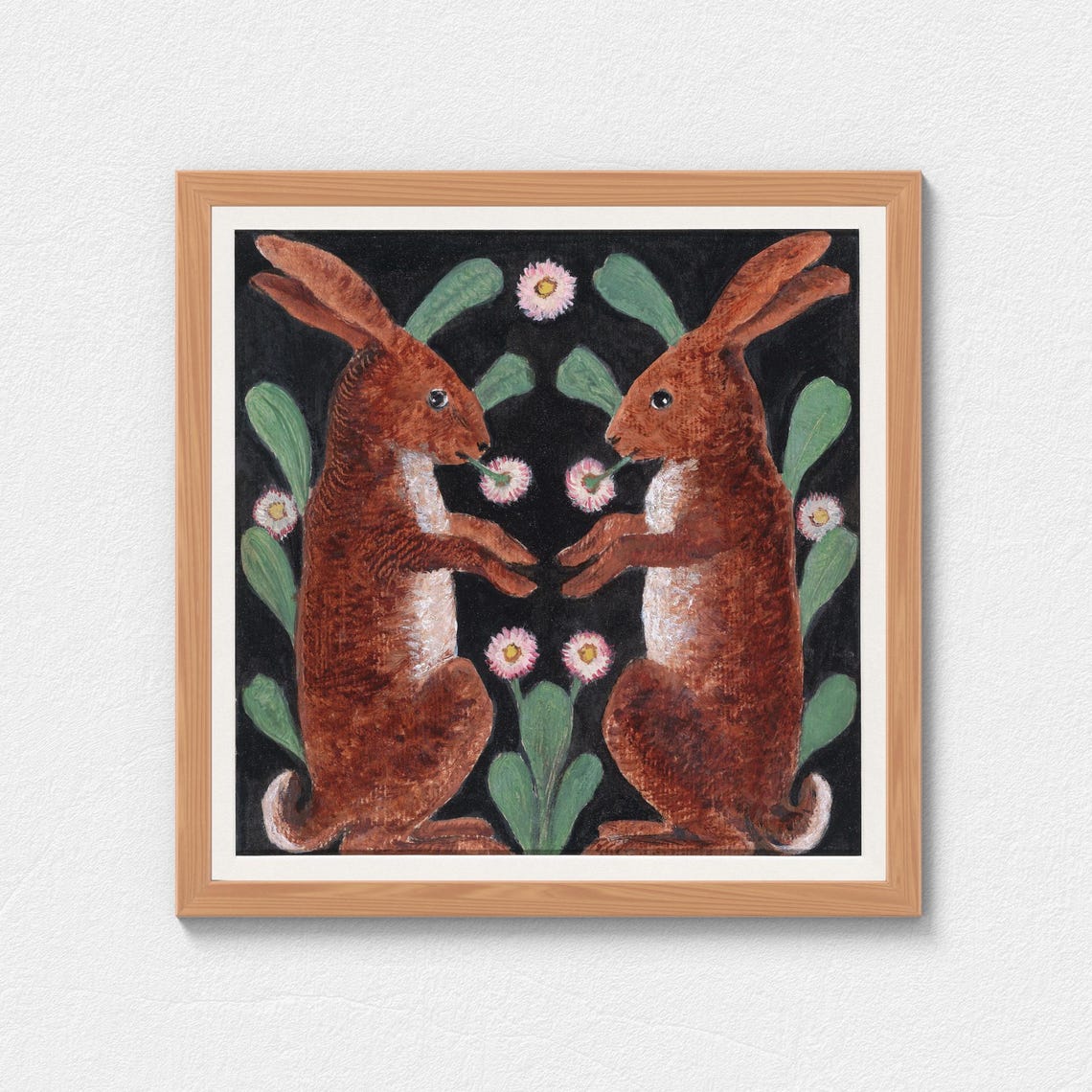 Two Hares Mirrored Folk Art Painting Whimsical Animal Poster - Image 5