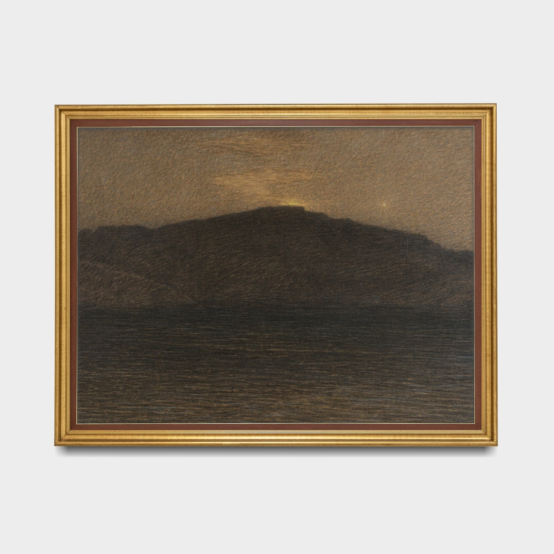 Dark Mountain Ridge Over Water at Night Antique Charcoal Study Poster - Image 5