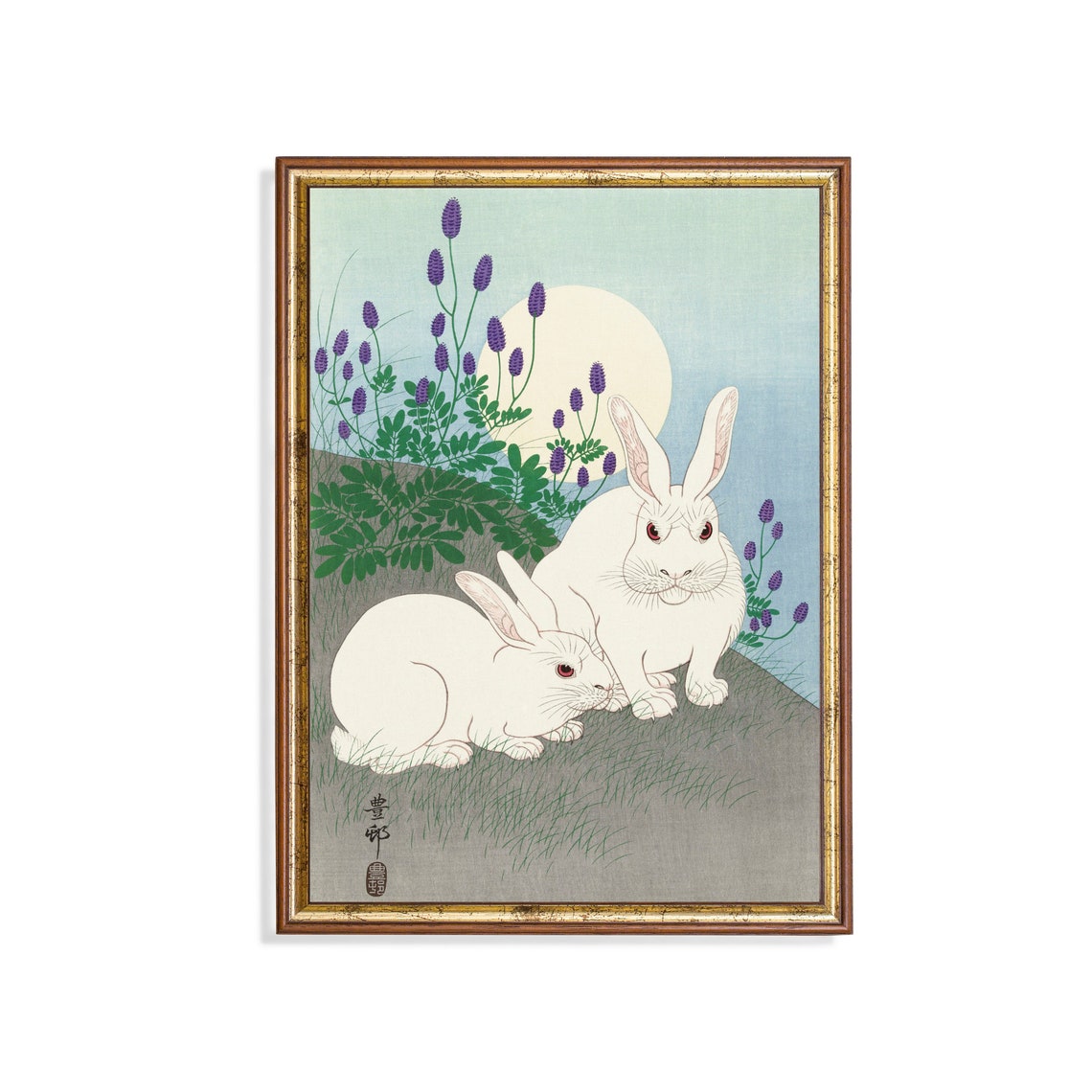 Two White Rabbits Under a Moon Classic Japanese Woodblock Poster