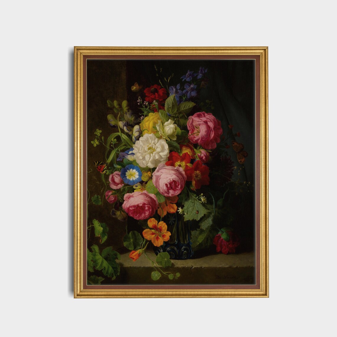 Dutch Bouquet of Roses and Morning Glories Dark Floral Poster - Image 5