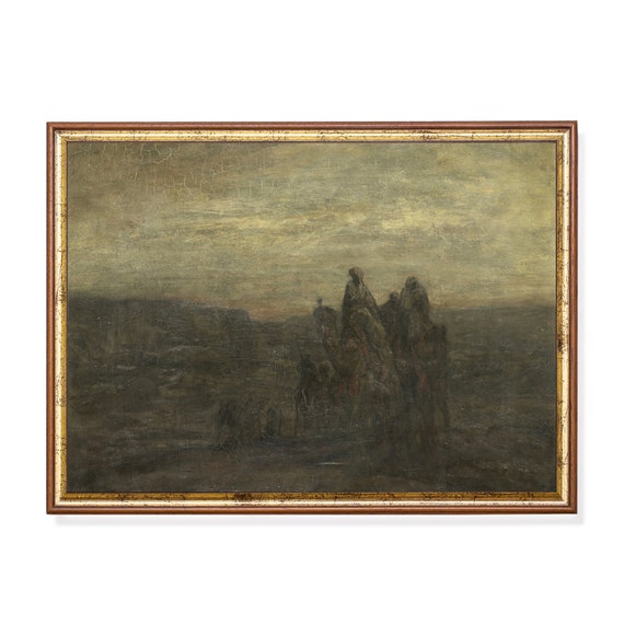Caravan Painting Moody Dark Rustic Landscape Print Oil Painting Country Farmhouse Wall Decor Antique Art