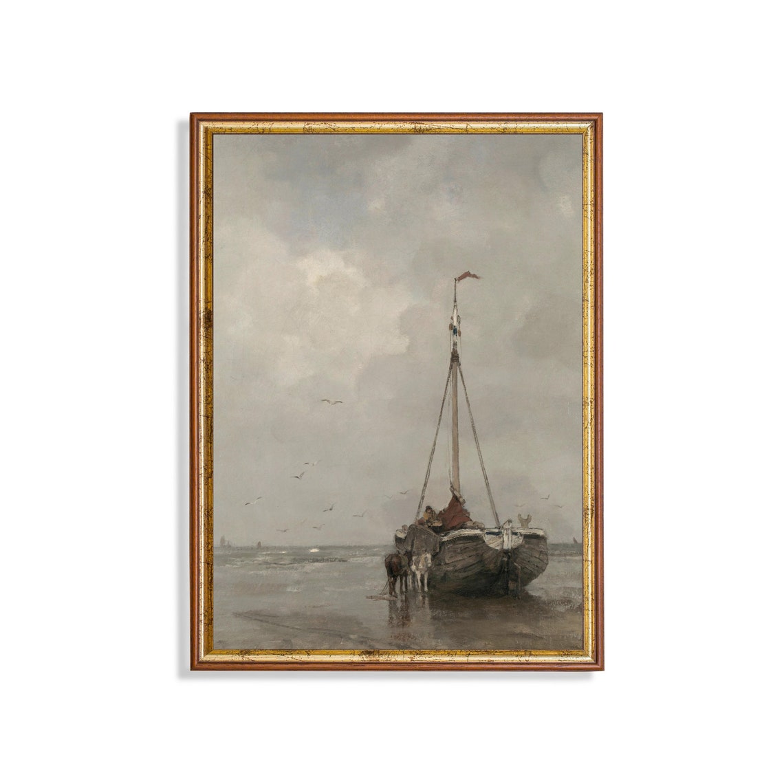 Fishing Boat Beached at Low Tide with Two Horses Vintage Poster