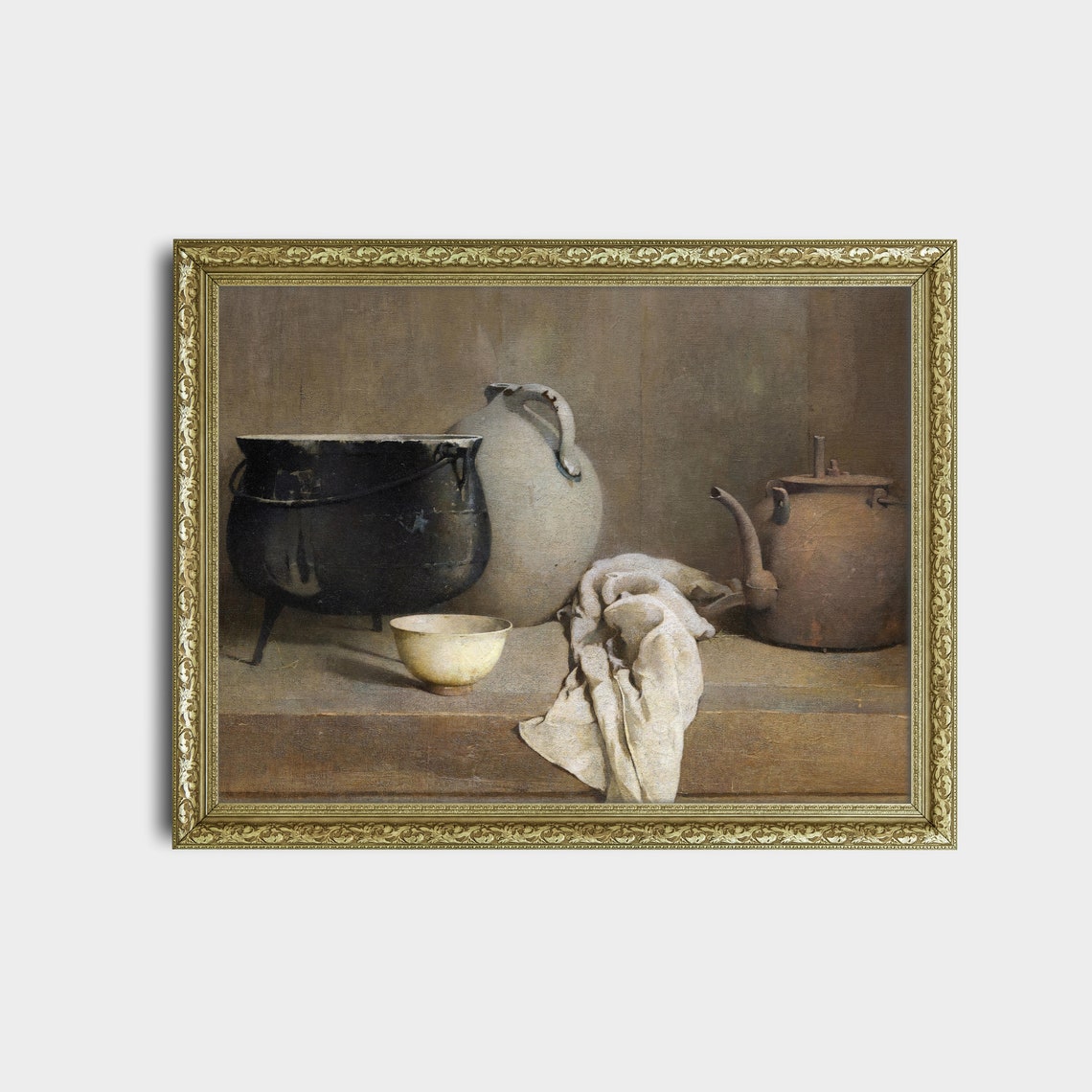 Rustic Kitchen Still Life with Cauldron and Kettle Vintage Poster - Image 2