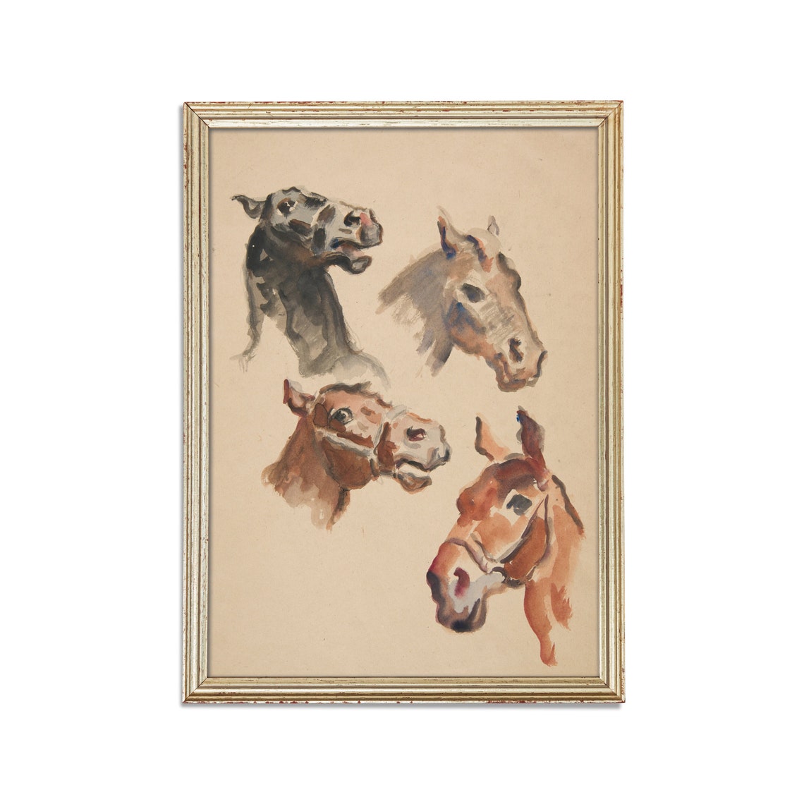Study of Four Horse Heads Watercolor Sketch Antique Equestrian Poster - Image 2