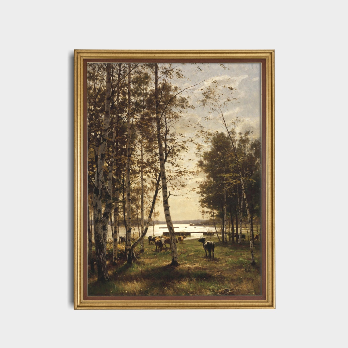 Vintage Landscape Painting Antique Cows Print Rustic Moody Riverscape Artwork Wall Art Farmhouse Decor - Image 2