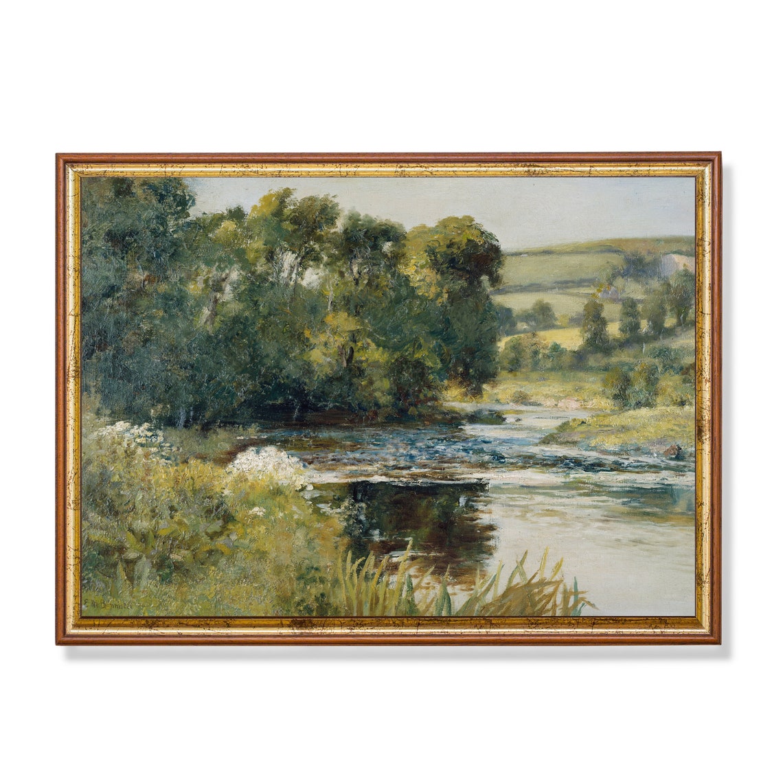 Sunlit Vintage River Through Trees Landscape Painting Poster