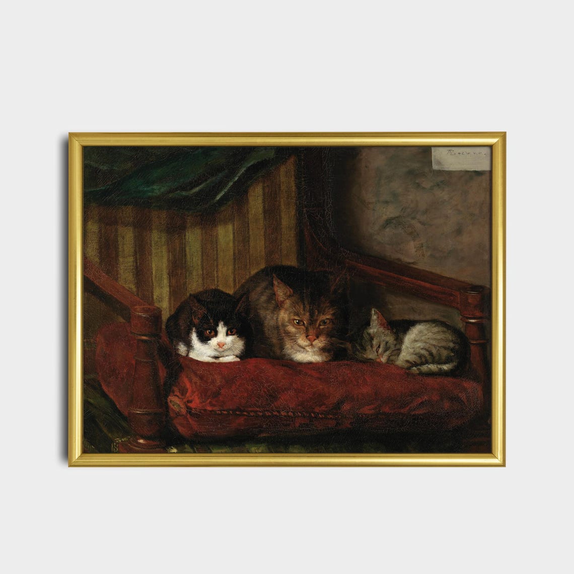 Three Cats on Deep Red Velvet Chair Vintage Feline Oil Poster - Image 2