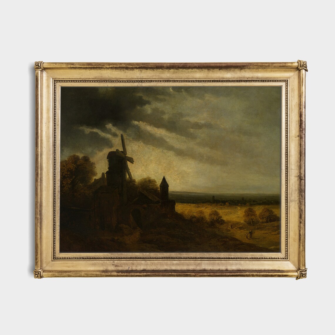 Dark Stormy Windmill Landscape Vintage Painting Moody Evening Poster - Image 2