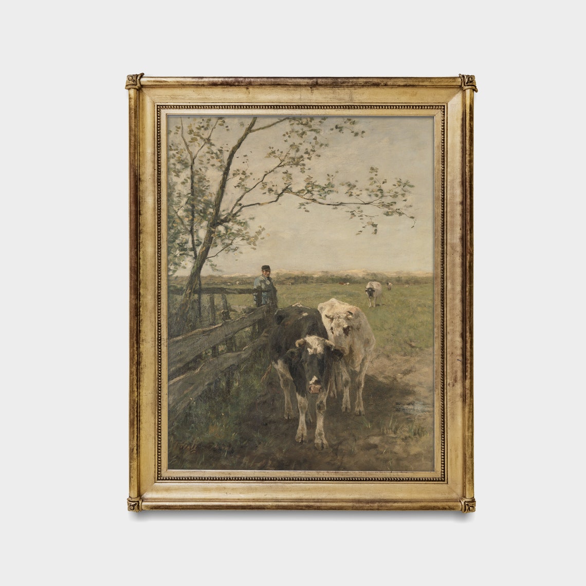 Cows in a Green Pasture with Herdsman Antique Rural Landscape Poster - Image 3