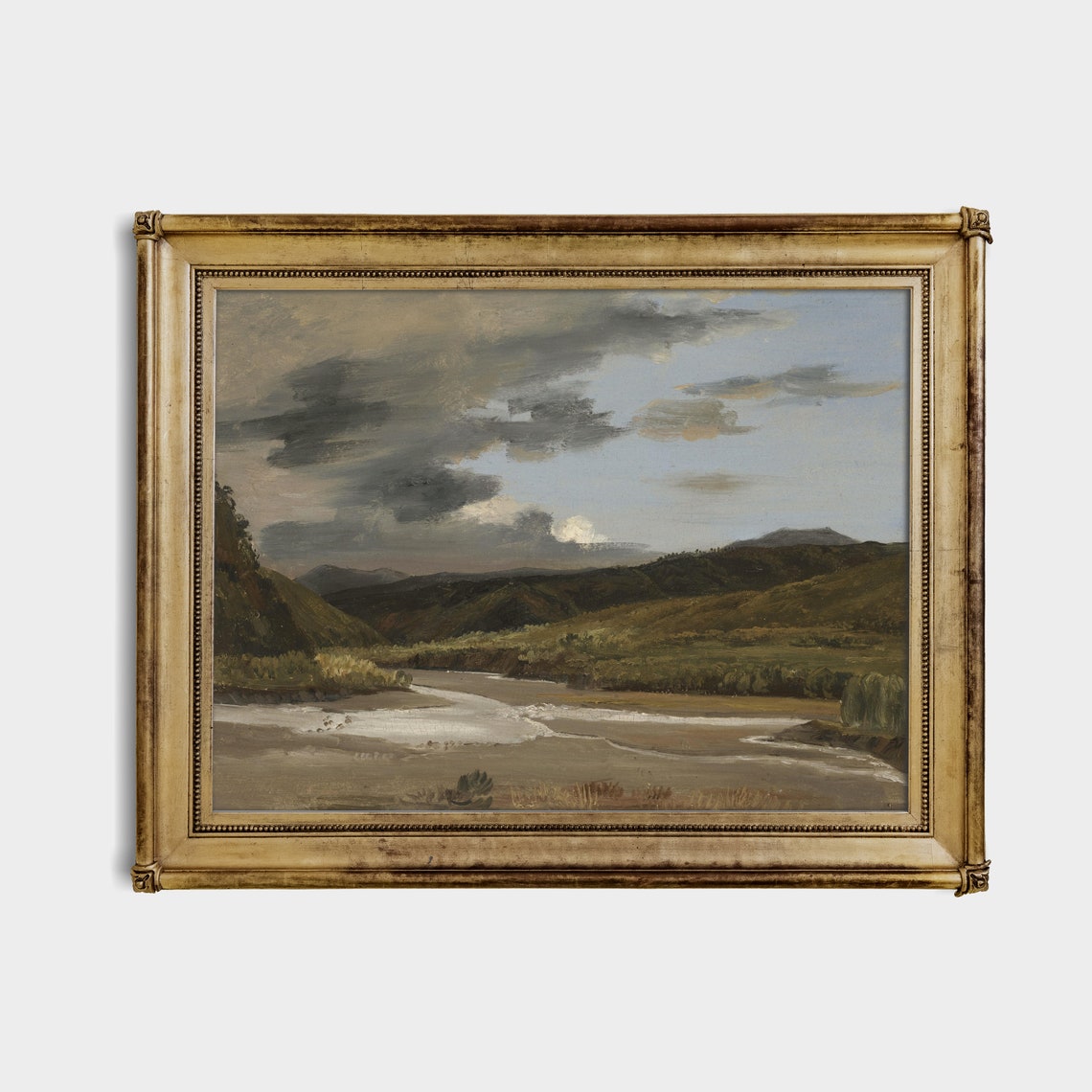 Wide River Estuary Through Green Hills Under Storm Clouds Poster - Image 3