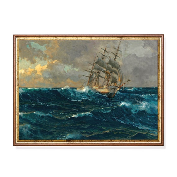 Printed And Shipped Sailboat Painting Moody Dark Rustic Antique Print Seascape Vintage Wall Art Nautical Decor Physical Print