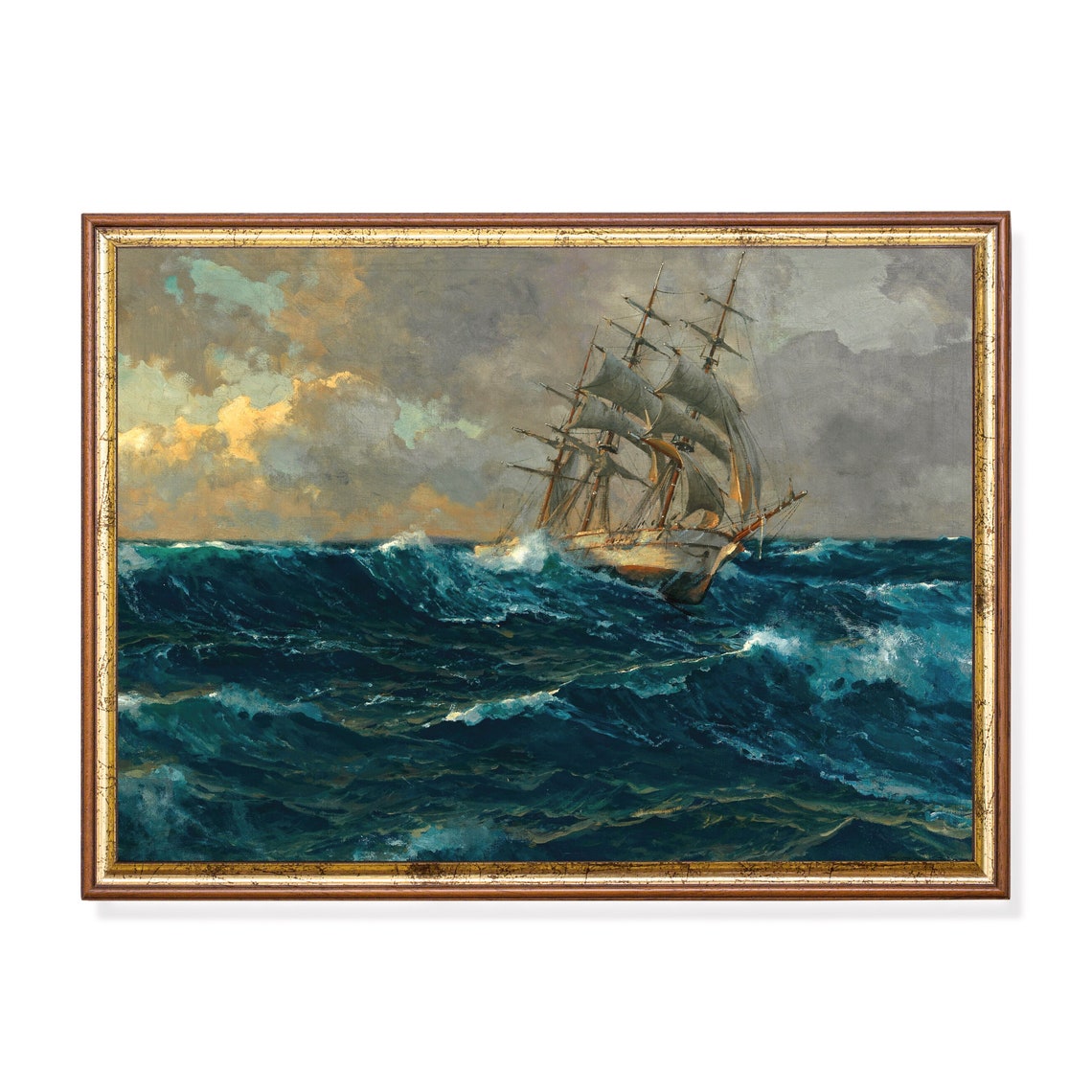 Tall Ship Sailing Rough Seas Dramatic Vintage Nautical Art Poster