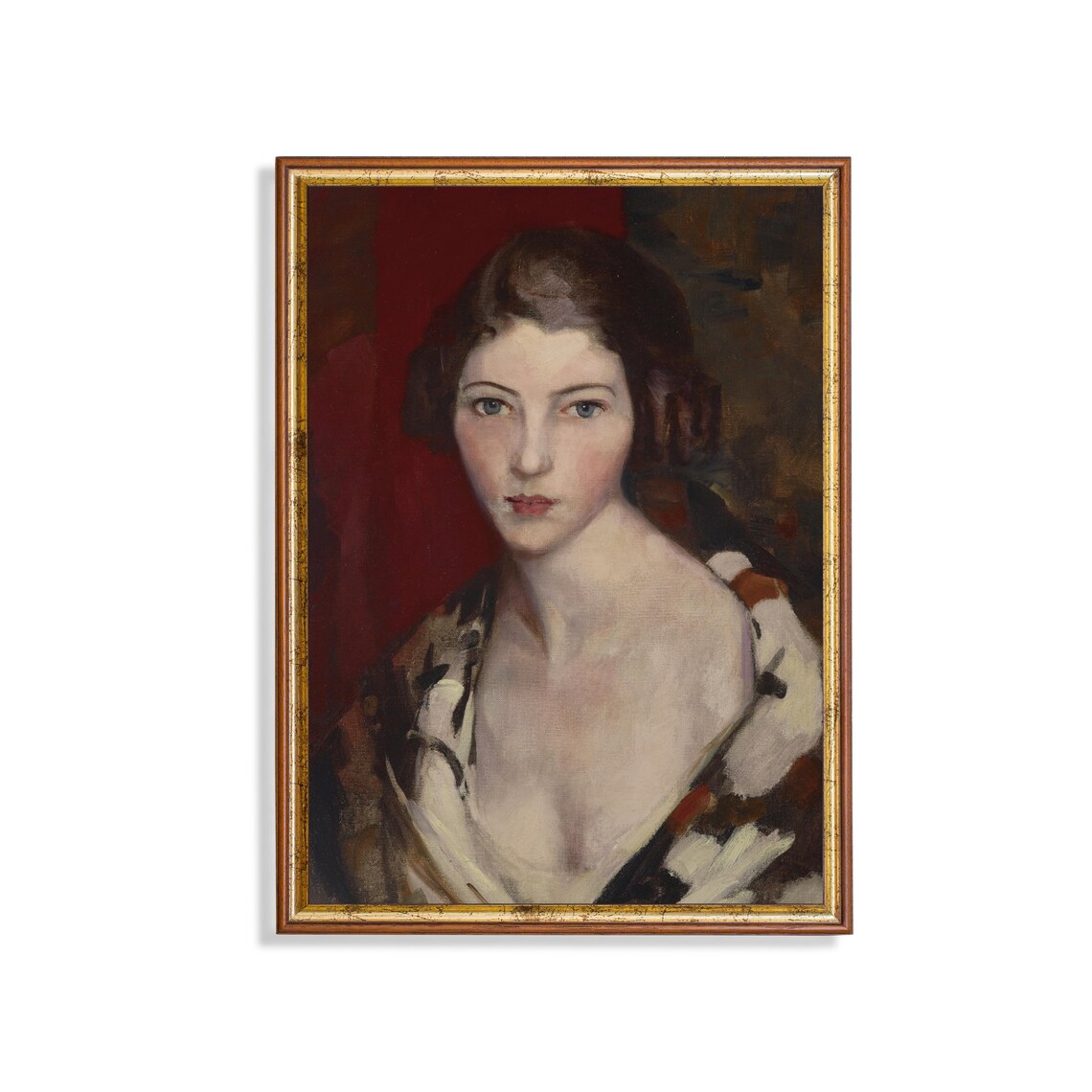 Elegant Young Woman Portrait Before a Red Drape Antique Art Poster