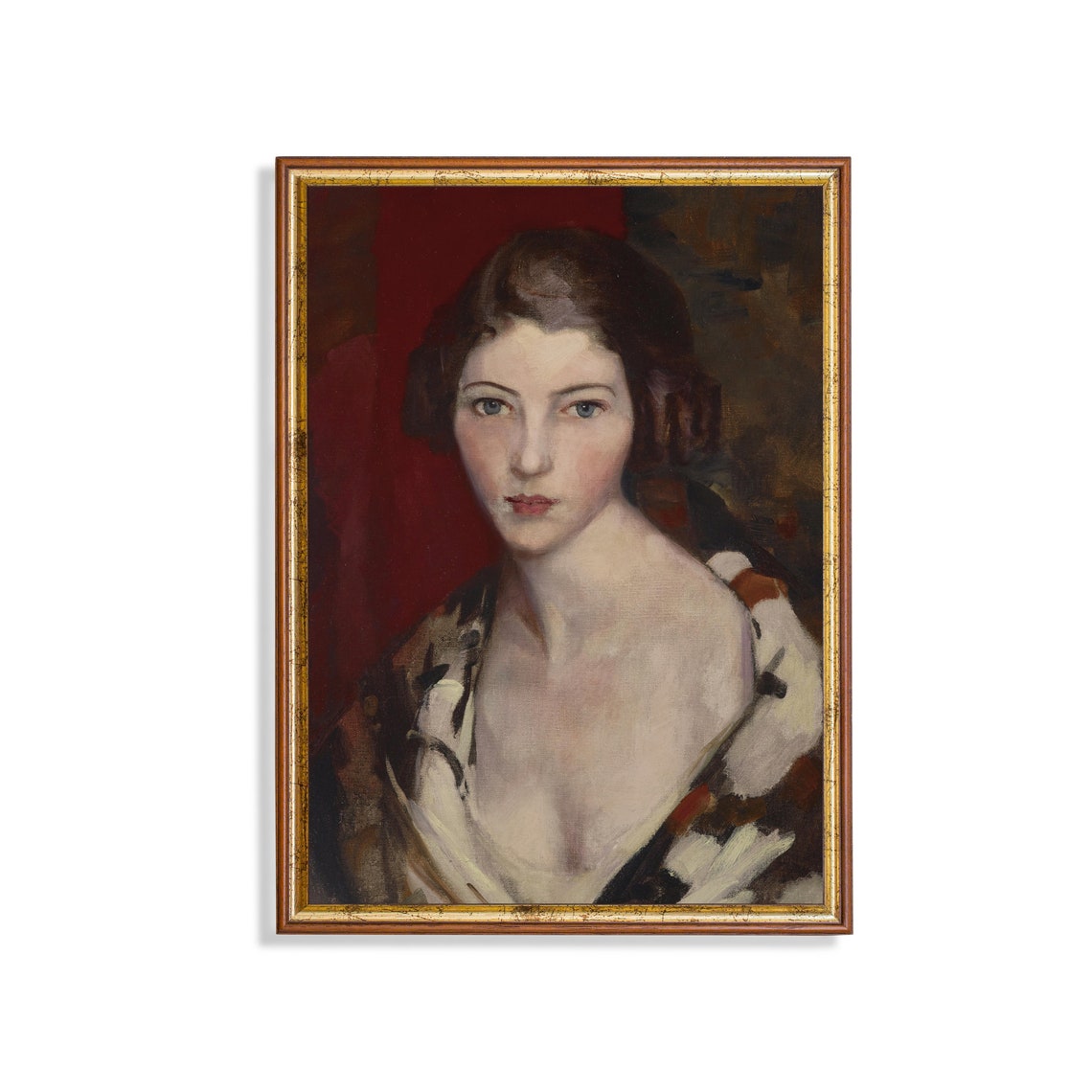 Vintage Young Woman Portrait Patterned Shawl Red Background Wall Art