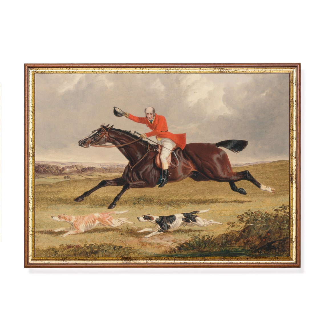 Red-Coated Hunter Galloping on a Dark Horse with Two Hounds Poster