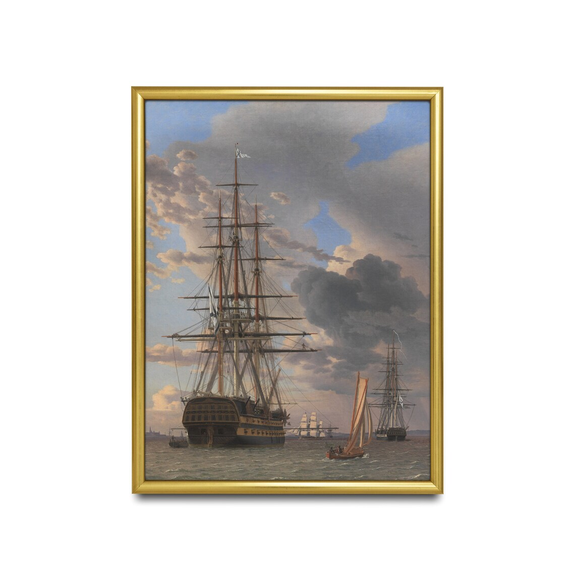 Tall Sailing Ships At Anchor Antique Maritime Oil Painting Poster - Image 2