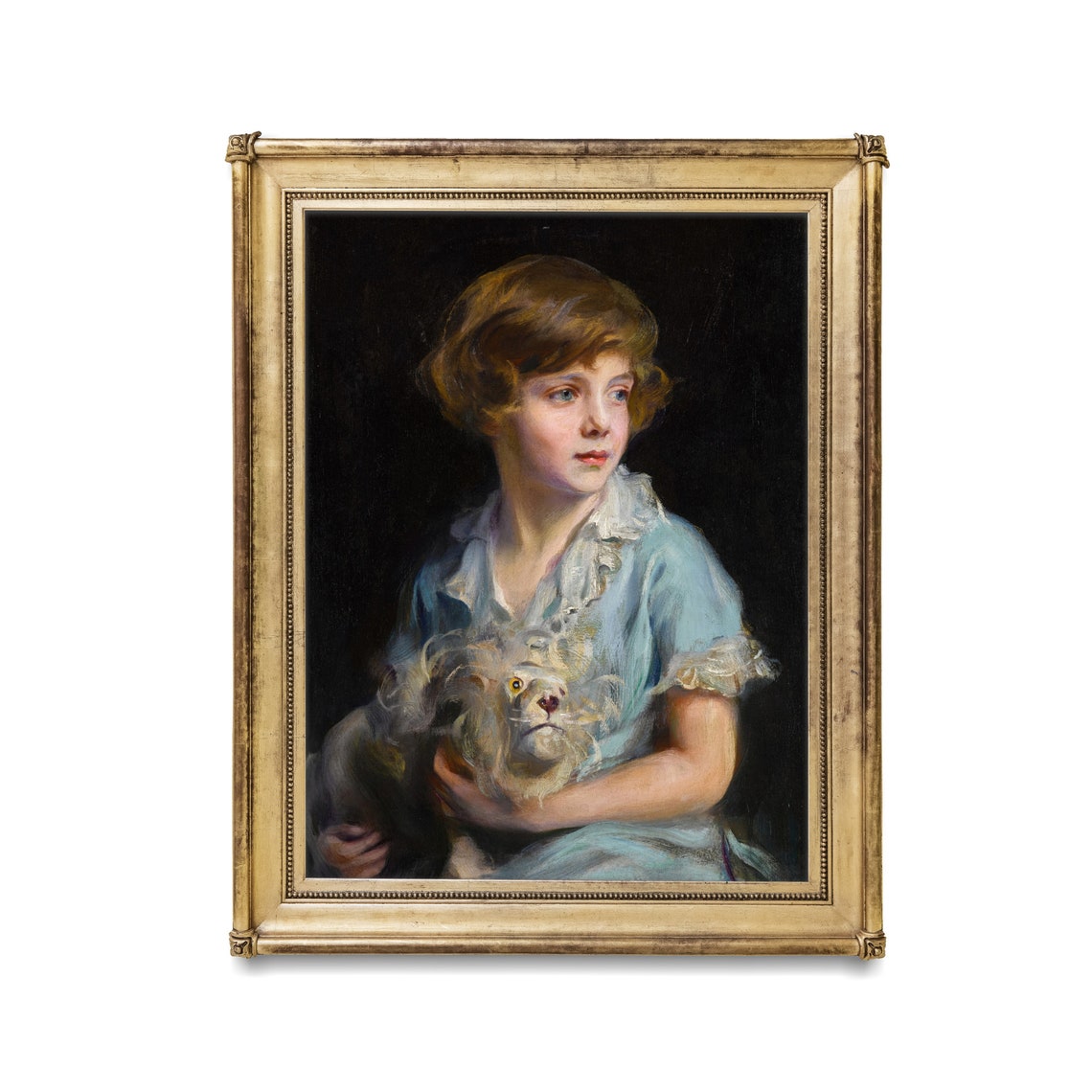 Portrait of a Child in Blue Holding a Small Dog Painting Poster - Image 2