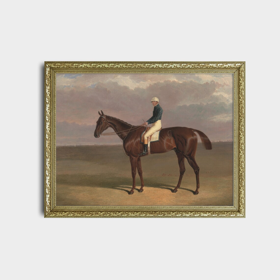Jockey On Dark Bay Racehorse Antique Equestrian Oil Painting Poster - Image 3