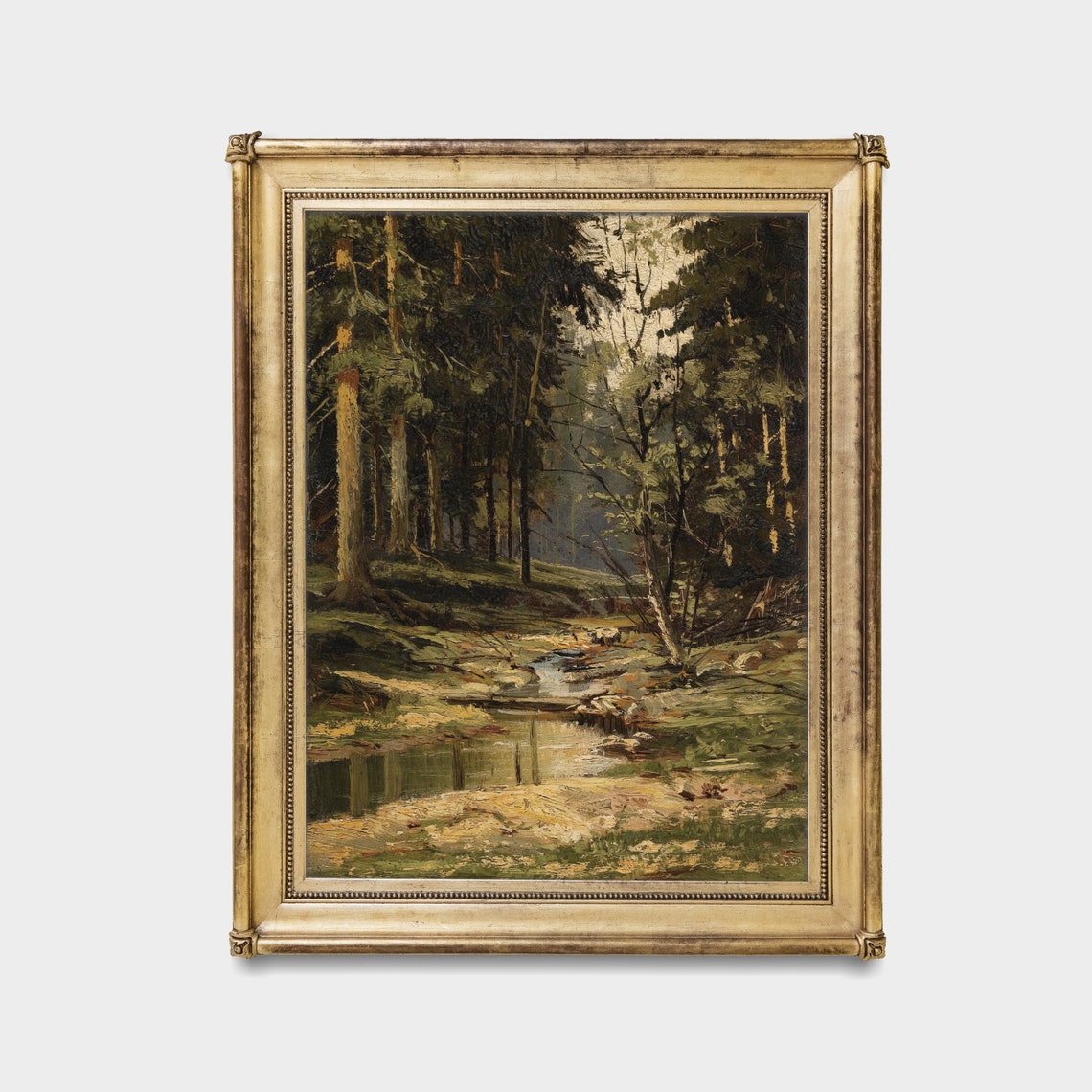 Dark Pine Forest with Stream Moody Woodland Landscape Painting Poster - Image 4