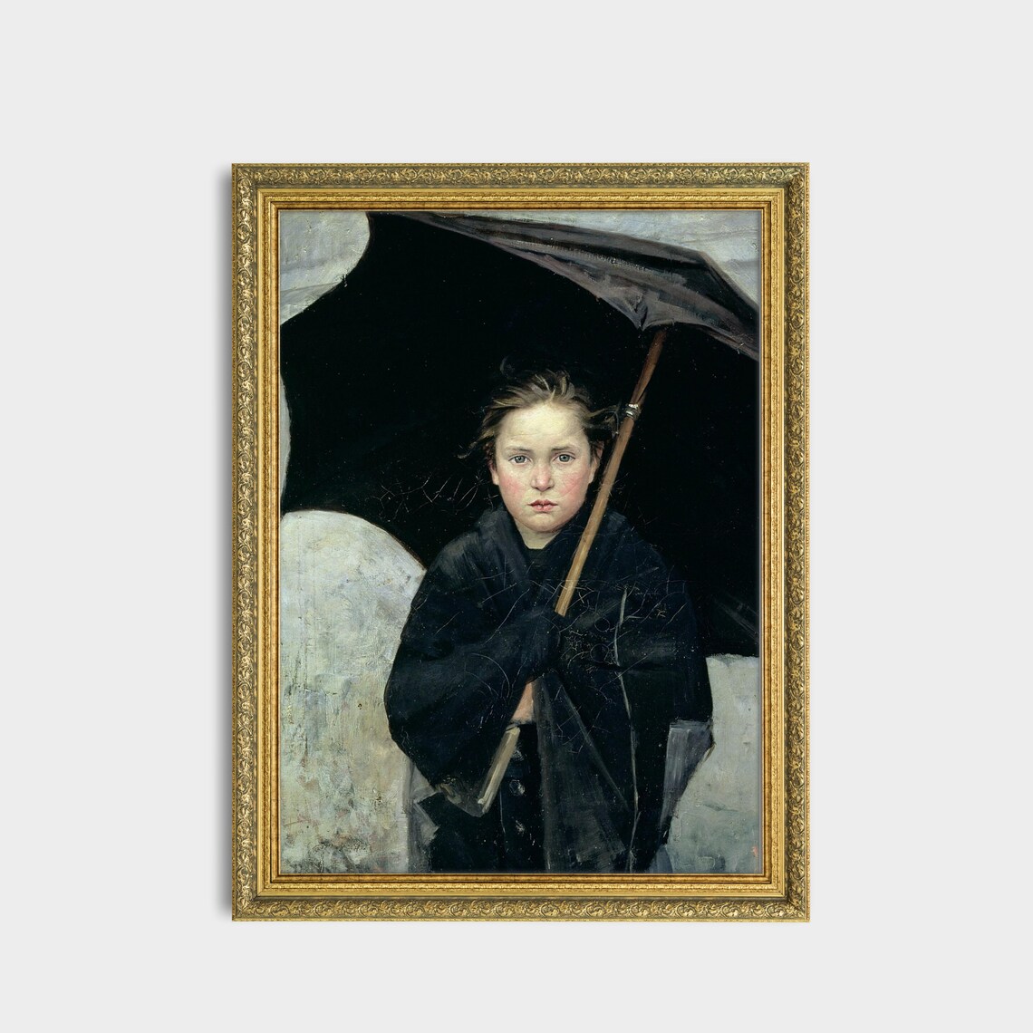 Solemn Girl with a Black Umbrella in a Dark Coat Portrait Poster - Image 3