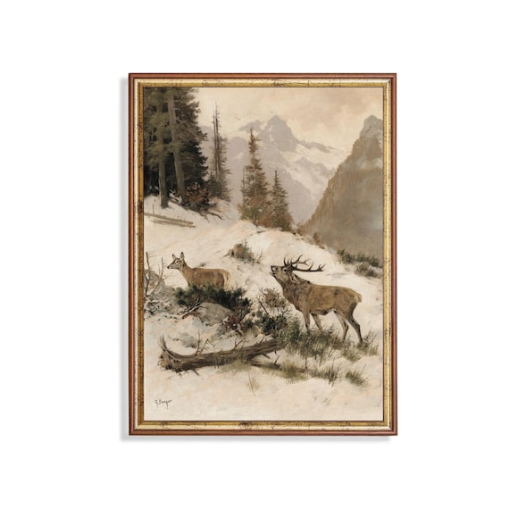 Vintage Deer Winter Landscape Art Print, Cabin Decor