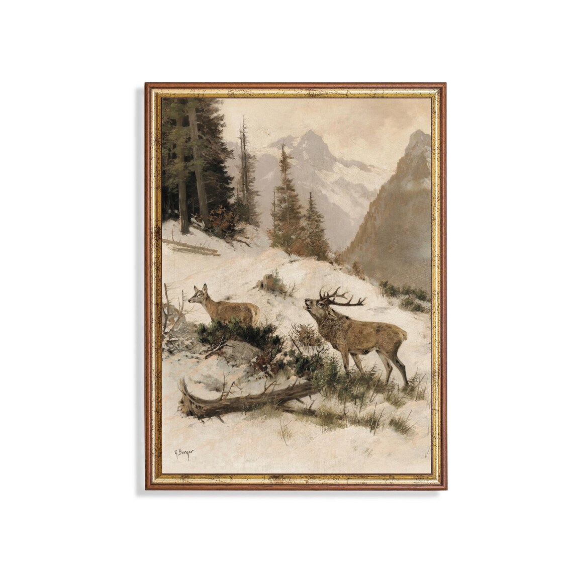 Vintage Deer Winter Landscape Art Print, Cabin Decor