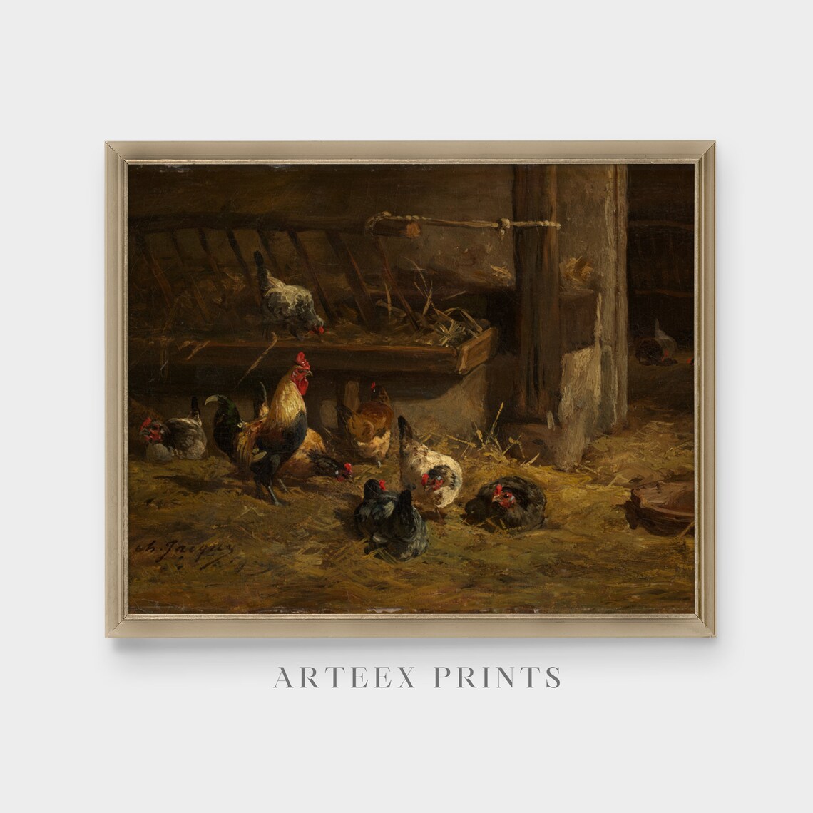 Rooster and Hens in Barnyard Vintage Farm Animal Painting Poster - Image 5