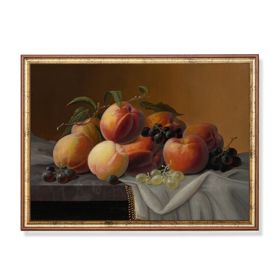 Print And Ship Still Life With Peaches Grapes And Apples Vintage Wall Art Moody Rustic Painting Antique Fruits Print Mailed Art