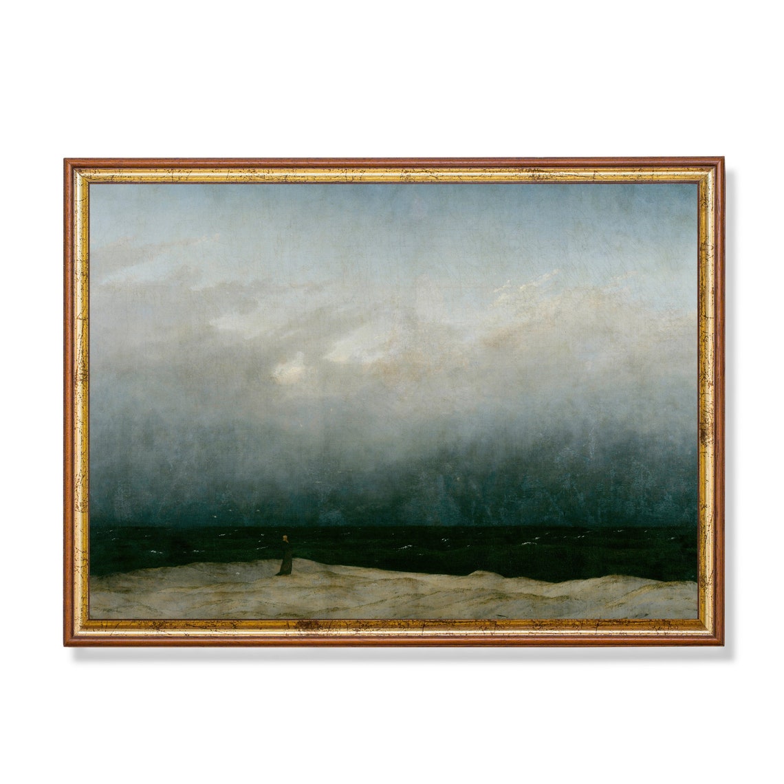 Lone Figure Before a Dark Moonlit Sea Romantic Oil Art Poster