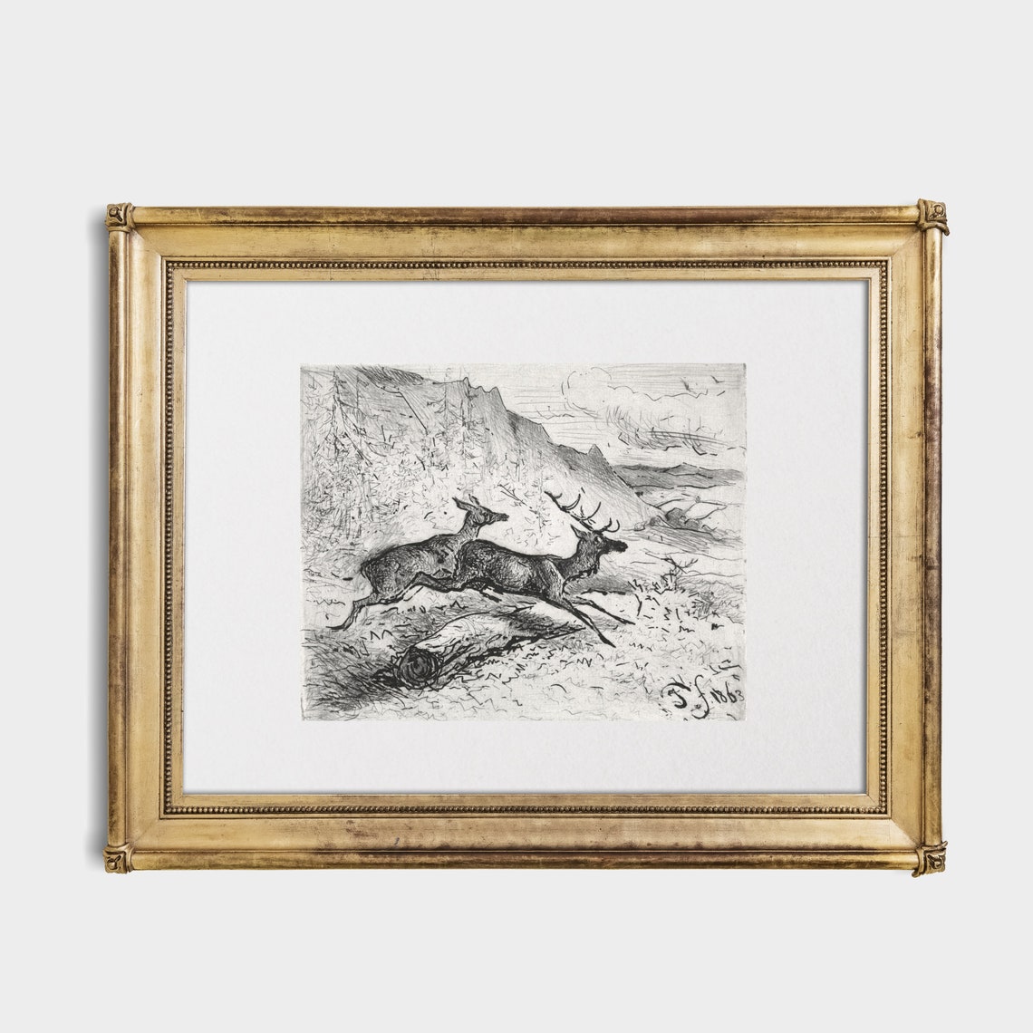 Antique Deer Sketch of Two Stags Leaping Over a Fallen Log Poster - Image 2