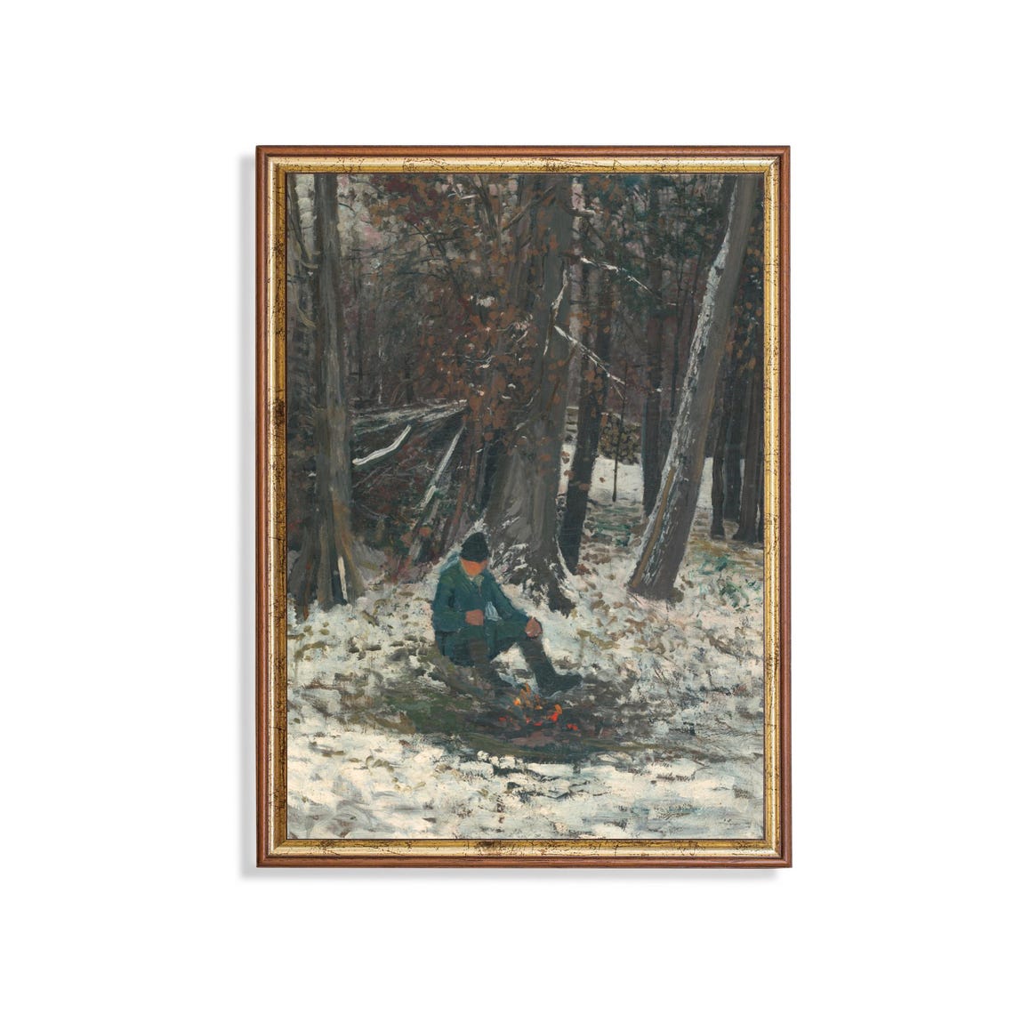 Woodsman Resting by a Campfire in a Snowy Forest Vintage Poster