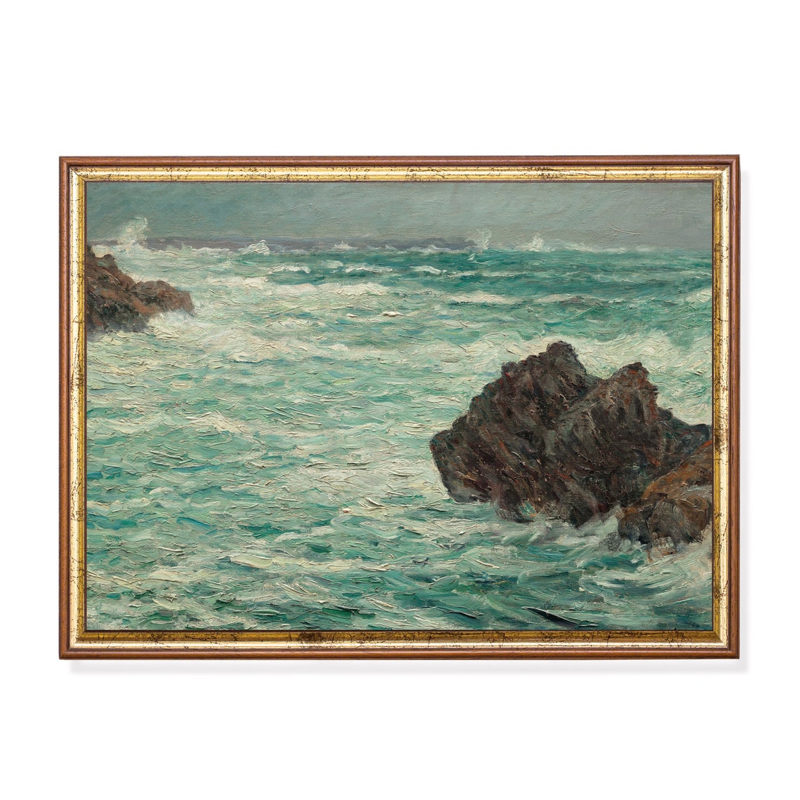 Turquoise Waves Crashing on a Rocky Coastline Seascape Poster
