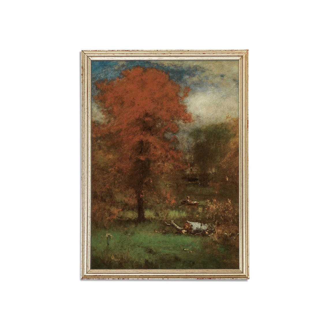 Fiery Red Tree by a Quiet Stream Tonalist Autumn Painting Poster - Image 3