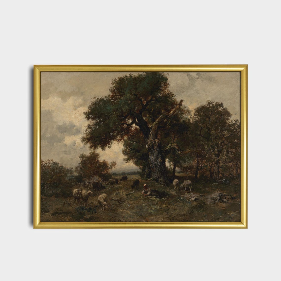 Shepherd Resting with His Sheep Flock Beneath a Grand Oak Tree Poster - Image 2