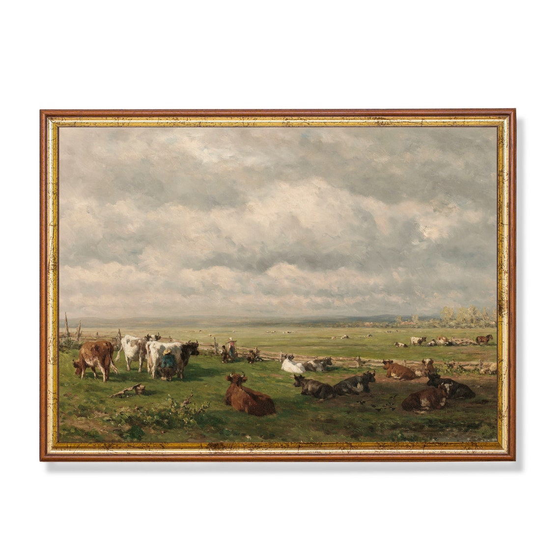 Dairy Cows in a Green Pasture Antique Landscape Painting Poster