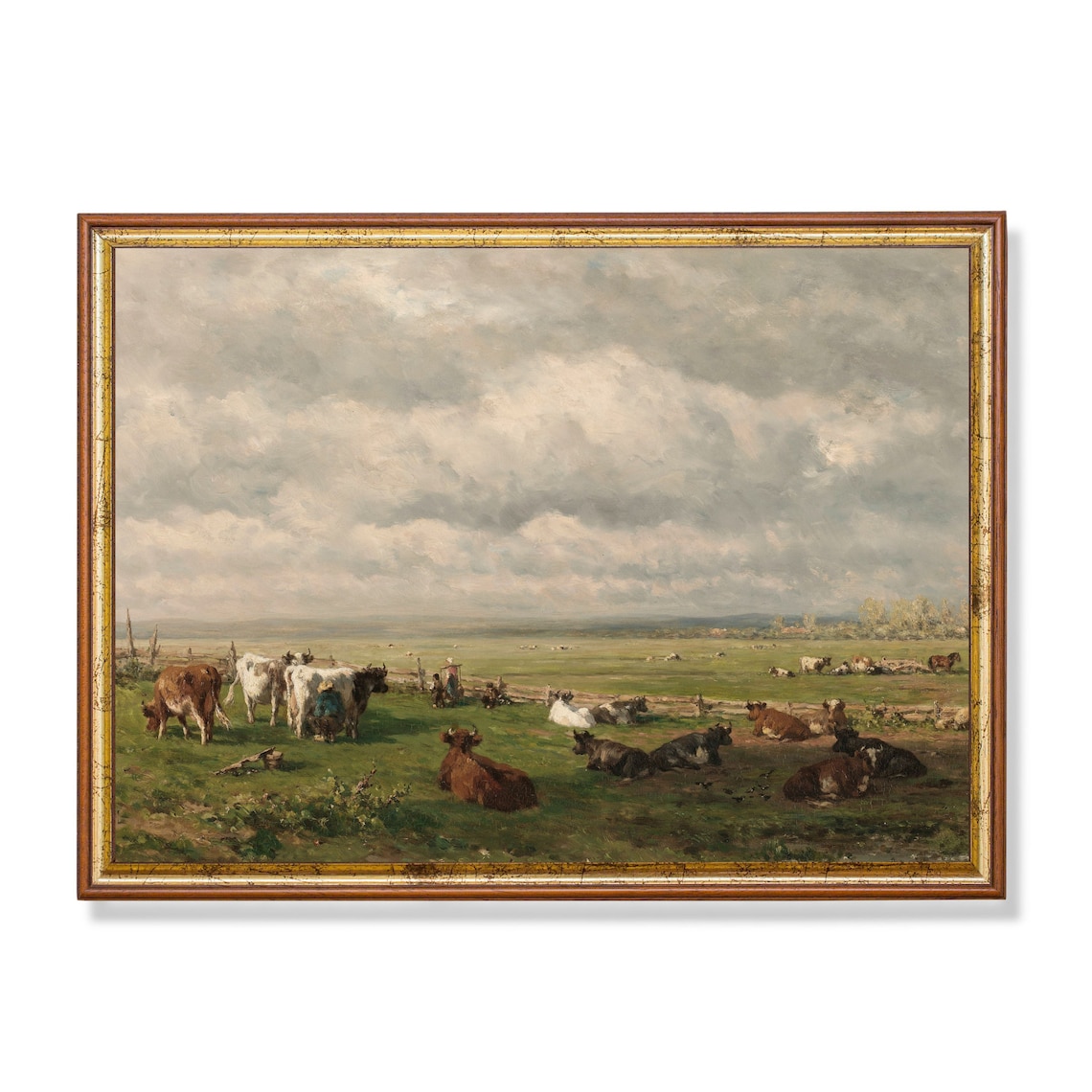 Vintage Landscape Painting Cows In Meadow Landscape Wall Art Country Farmhouse Decor Oil Painting Print