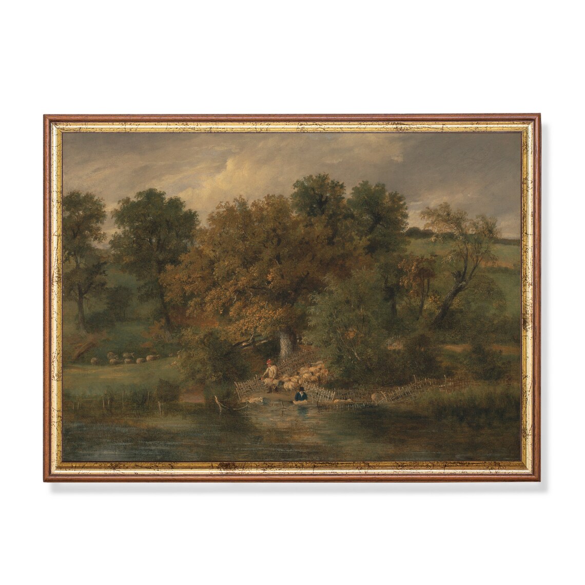 Sheep Washing by the River Vintage Pastoral Oil Painting Poster