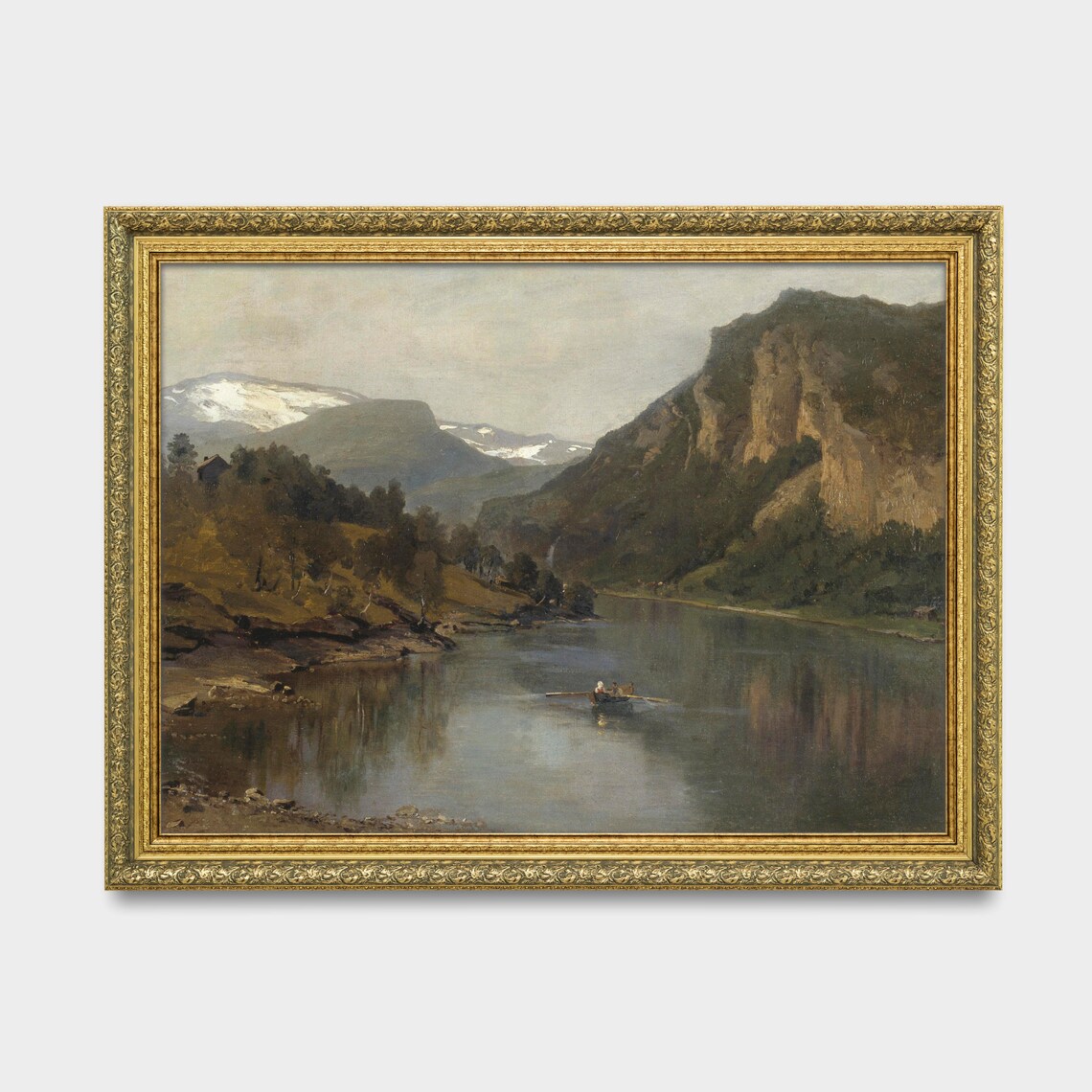Vintage Mountain Fjord Lake With Rowboat Landscape Art Poster - Image 3