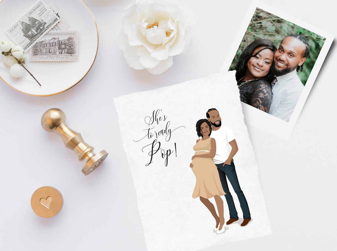 Custom Illustration Couples Portrait, Baby Shower Announcements - Image 2