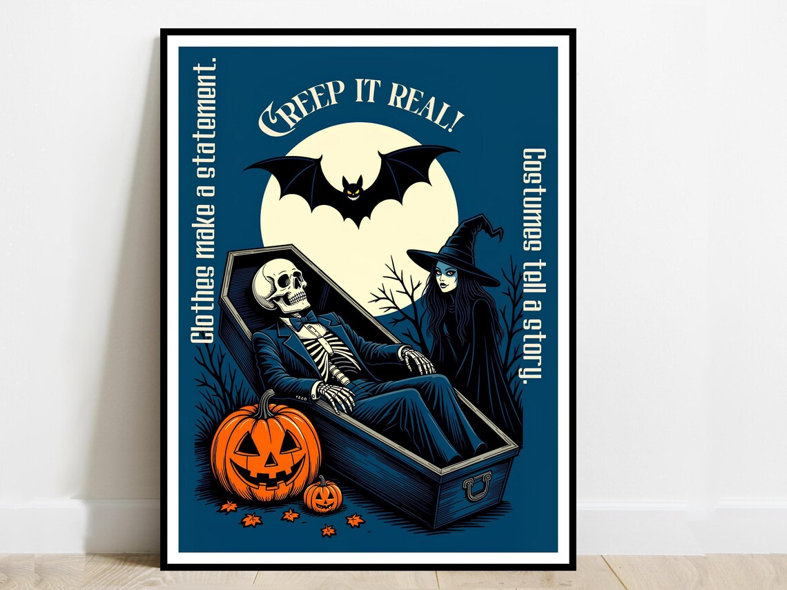 Creep It Real Halloween Poster Skeleton Tuxedo Witch Bat Moon Costume Party Decor