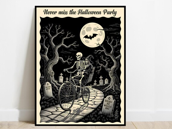Halloween Party Print, Skeleton Witch Bat Poster