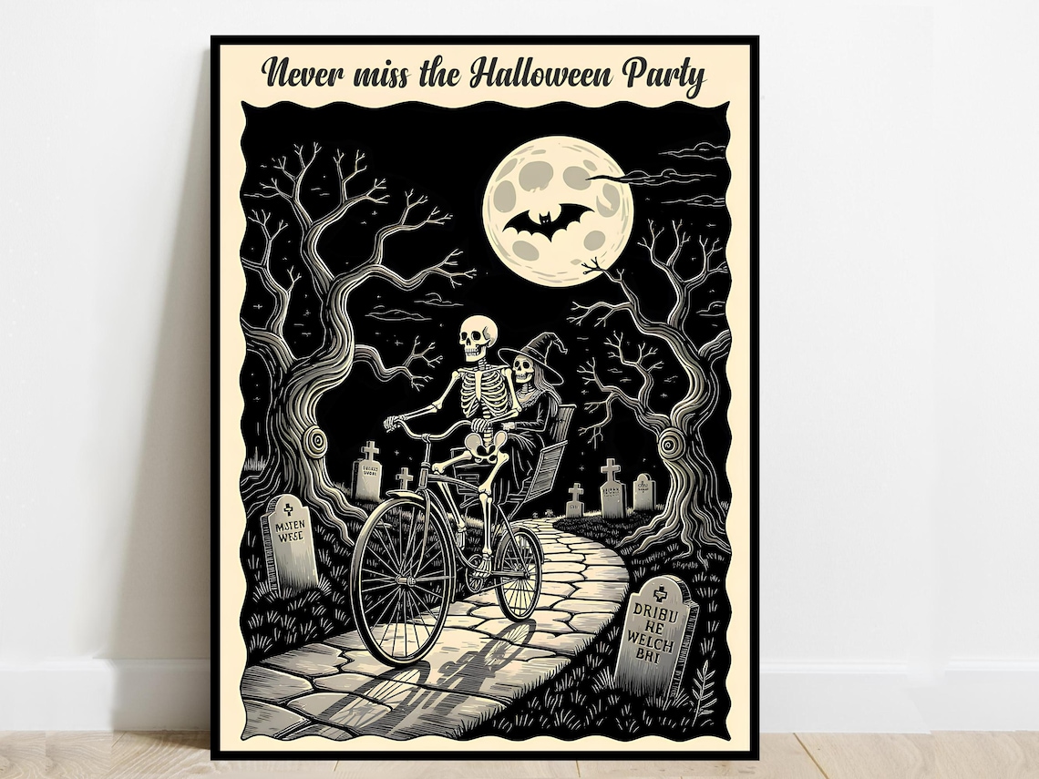 Halloween Party Print, Skeleton Witch Bat Poster