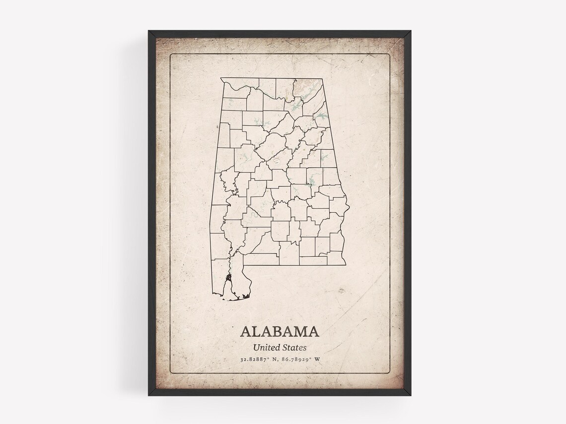 Vintage Alabama State County Map United States Rustic Distressed Wall Art