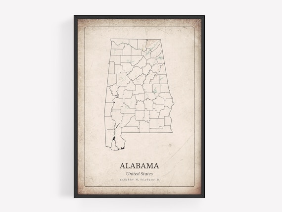 Vintage Alabama State County Map United States Rustic Distressed Wall Art