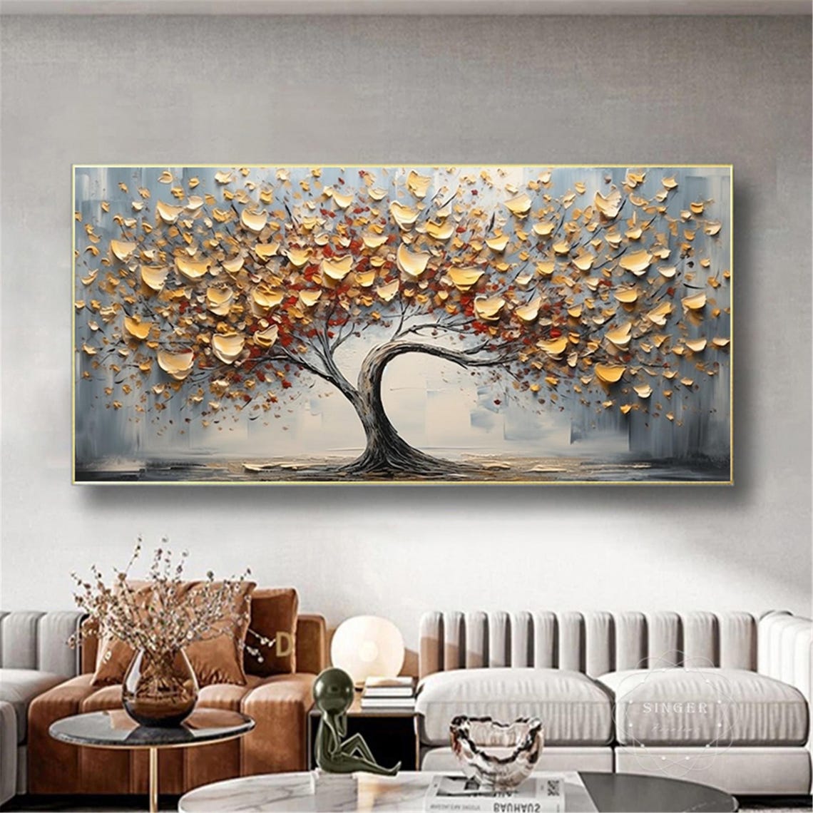 Golden Tree Autumn Red Leaves 3D Textured Abstract Painting Poster - Image 5