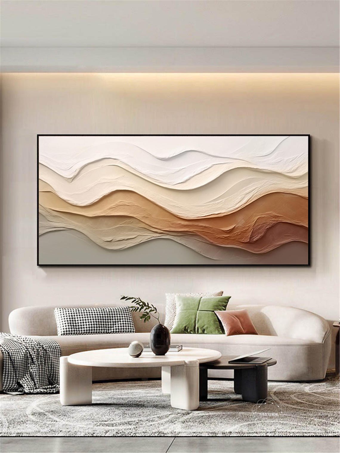 Beige White Brown Flowing Wave Layers Panoramic Abstract Wall Art - Image 4