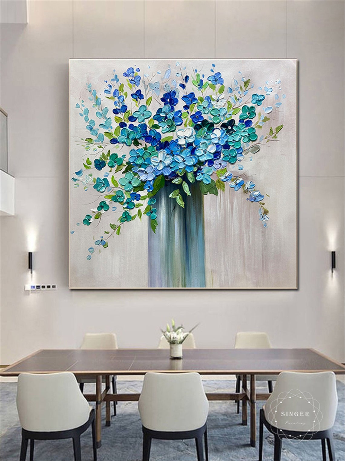 Blue Hydrangea Bouquet in Vase Textured Impasto Floral Wall Art Poster - Image 3