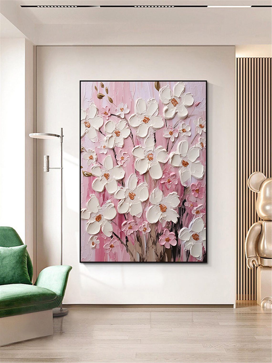 White Cherry Blossom Pink Background 3D Textured Floral Wall Art - Image 3